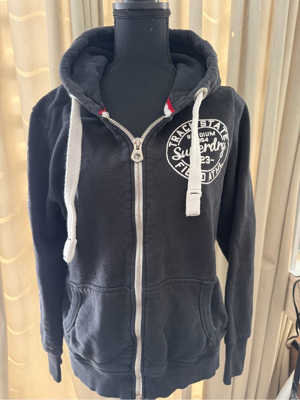 Superdry Black Zip Hoodie with White Drawstrings size L